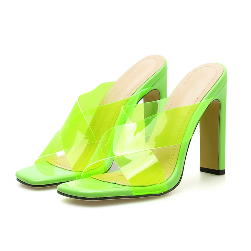 

2019 Summer Women Block Fetish 12cm High Heels Neon Green Mules Square Thick Block Heels Sandals Female Pumps Rose Red Shoes