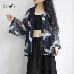 Semfri перспектива кимоно кардиган женщина шифоновая блузка Китайский журавль узор лето солнцезащитный крем Топы корректирующие Мода 2019 г