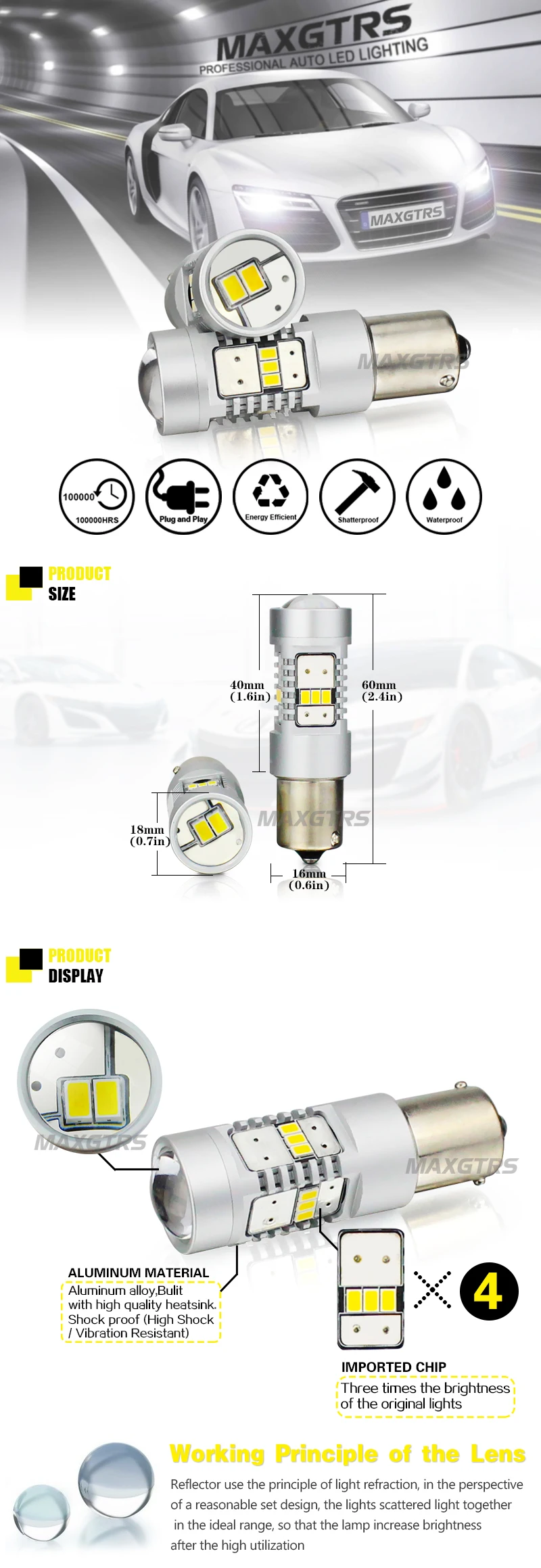 MAXGTRS BA15S P21W Car Tail Light 1156 LED S25 3020 14SMD Warm White Abmer Auto Brake Reverse Lamp DRL Rear Parking Bulbs