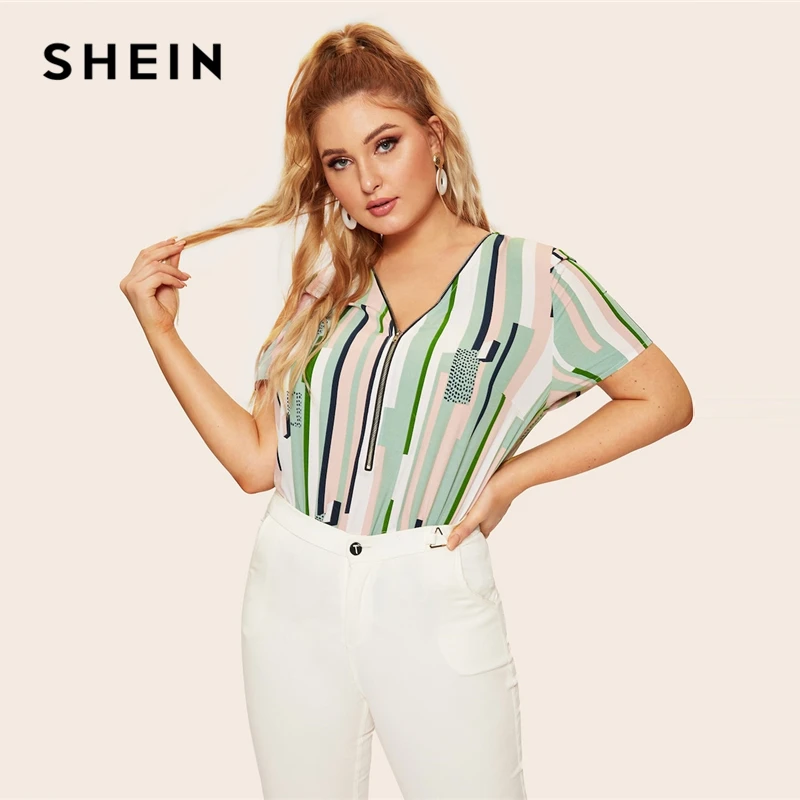 

SHEIN Plus Size Multicolor Geometric Half Zip Front Striped And Geo Print Zipper Blouse Women 2019 Spring Casual Top Blouses
