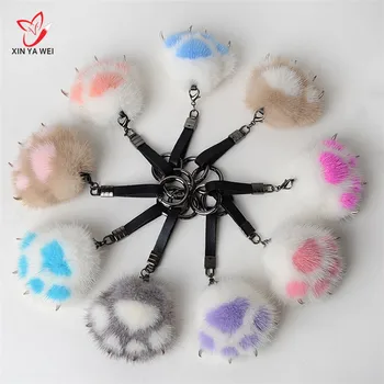 

9Color Trinket Real Mink Fur Cat Paw Keychain Pompom Fur Keychains On The Bag Cute Fluffy Pendant Accessories Free Shipping