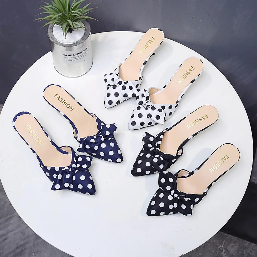

Summer Thin High Heels Sandals Butterfly-knot Polka Dots Printing Vintage Slip On Slides Party Daily Pointed Toe Shoes for lady