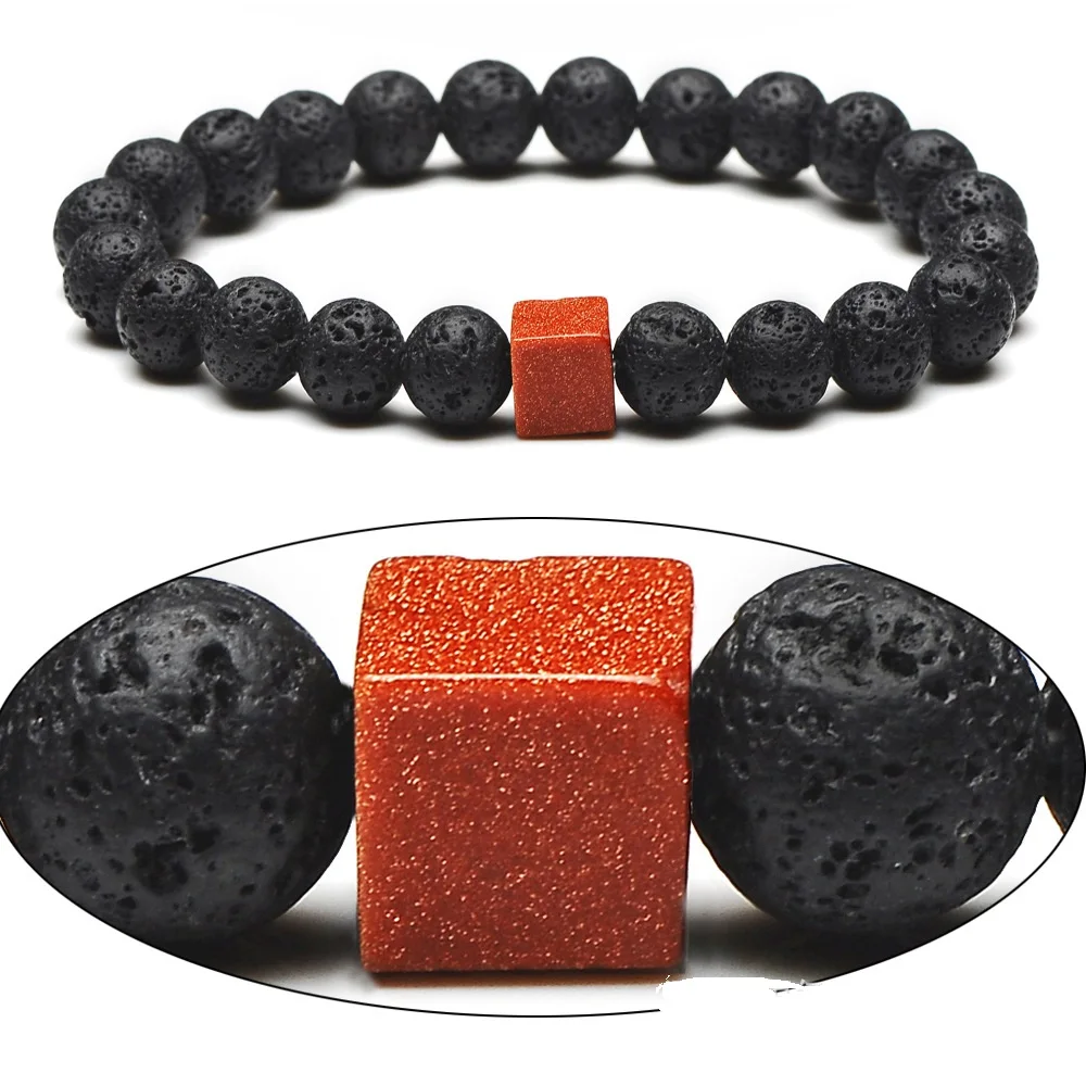 2 Styles Cubic Goldsand 8mm Black Lava Stone Beads Bracelet DIY