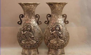 

song voge gem S1162 China White Copper Silver Buddhism Manjusri Manjushri Bodhisattva Pot Vase Pair