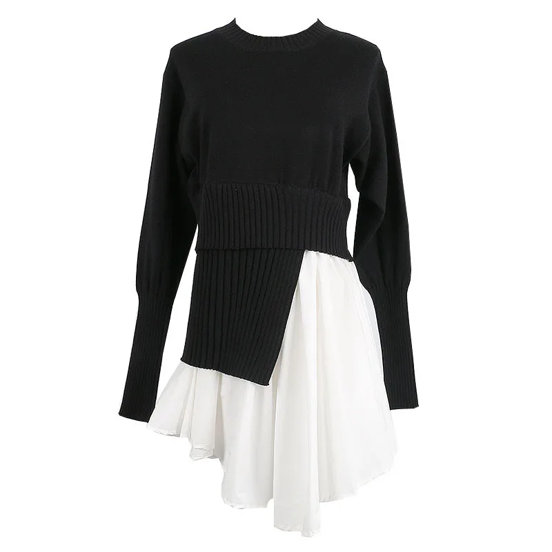 

2018 Runway jumper Fake Two Pieces Patchwork Asymmetrical Sweater 2018 New Spring Cute Women Sweater Pullover Knit Top Lolita