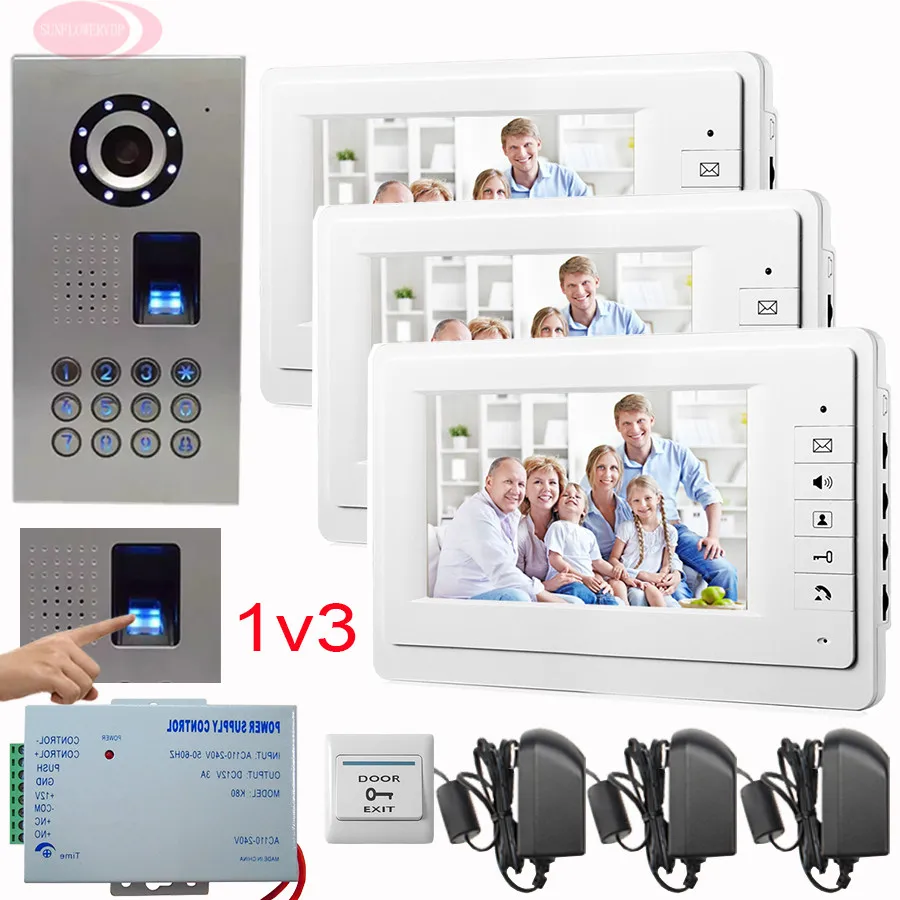 

SUNFLOWERVDP Video Doorman House Doorbell System Fingerprint/Code Unlock Home Video Door Phone 3 Apartment Doorbell CCD Camera