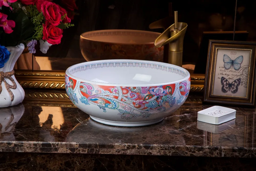 China Artistic Handmade porcelain Round bathroom counter top ceramic Bathroom basin sink chinese wash basin bathroom sinks (1)