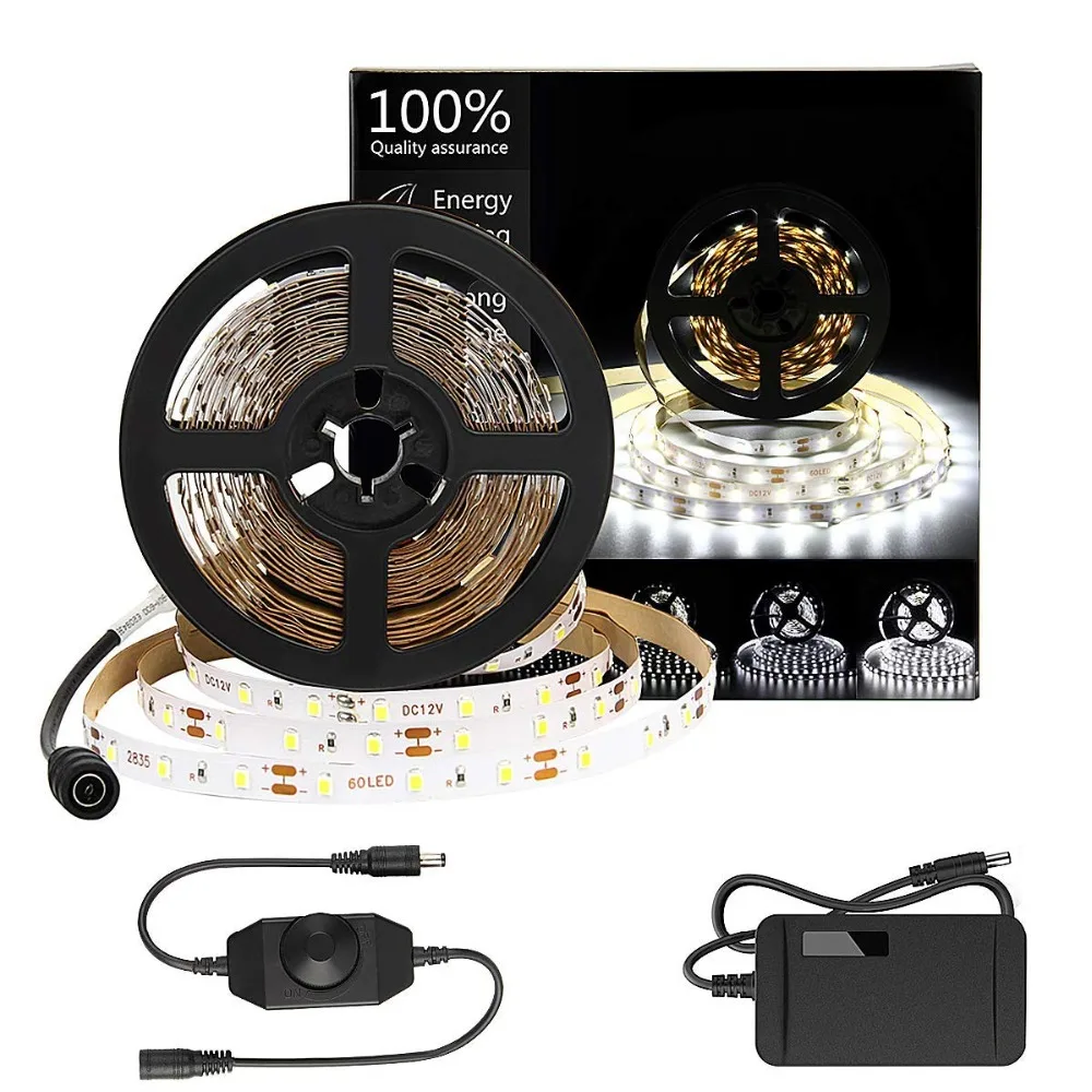 Daylight White 2835 SMD LED Strip Kit 5M 60LEDsm DC 12V 6500K Flexible LED Light with Knob Dimmer 24W Power Adapter EU US UK (1)