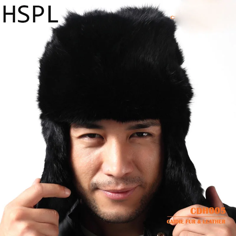 

HSPL 100% меховая шапка из натурального кролика с ушами для мужчин зимой для сохранения тепла