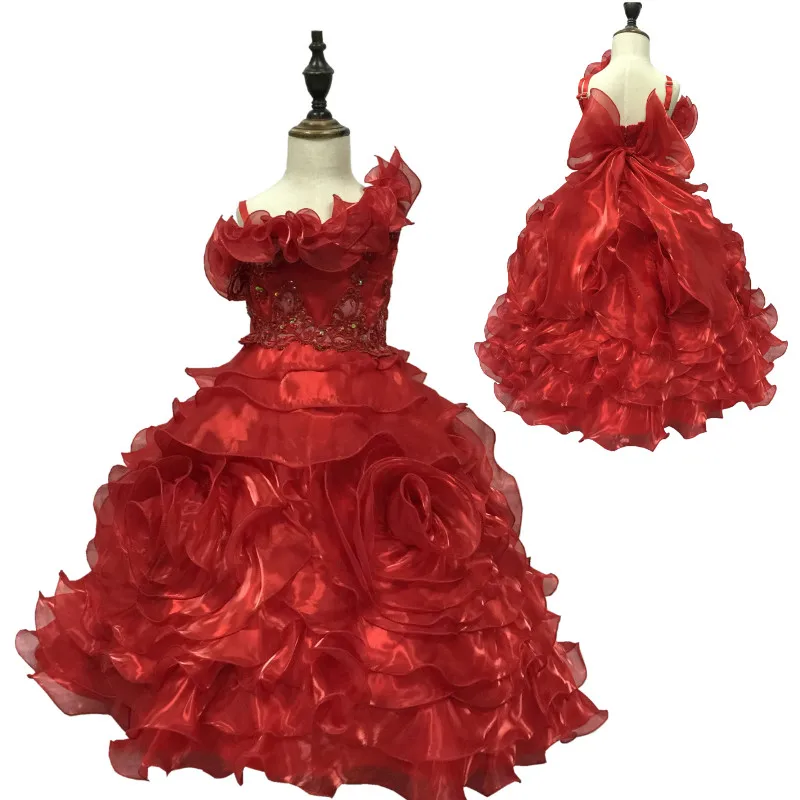 

Free Shipping One Shoulder Girl Party Dress 2019 New Design Kids Evening Gowns Red Children Dresses With Bustle Organza Ruffles