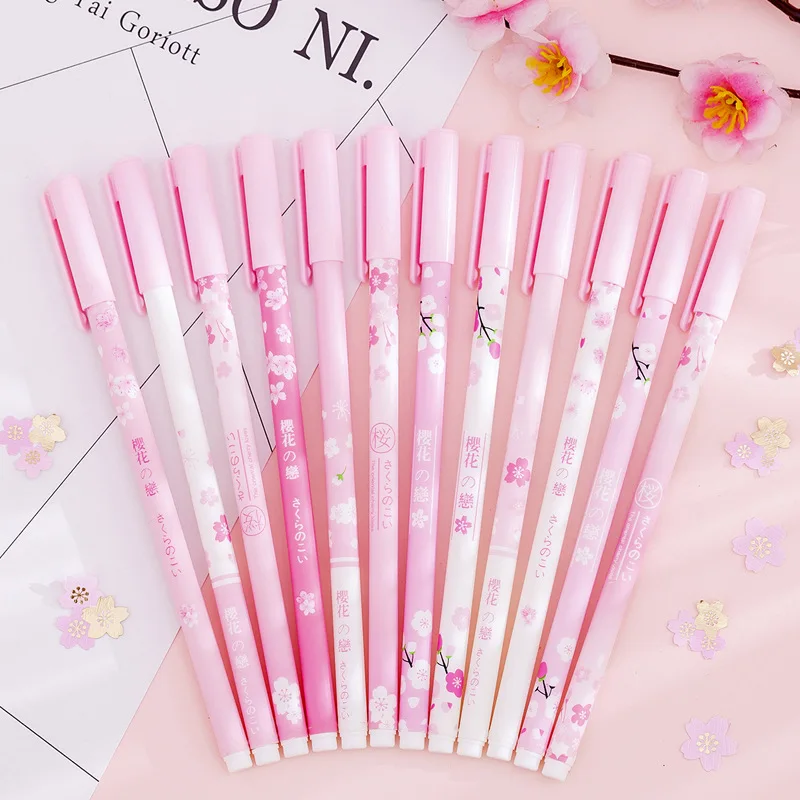 

12 pcs/lot Pink Cherry Gel Pen For Writing Cute Sakura Black Ink 0.38 mm signature pen School Supplies Stationery gift