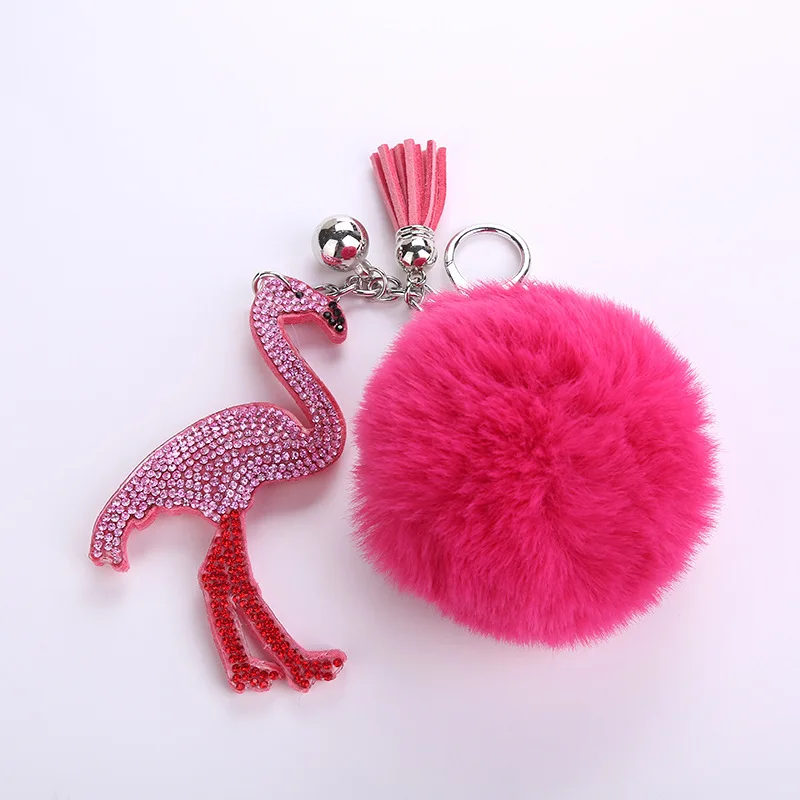 

11 Color Rhinestone Flamingo Keychain PomPom Rabbit Fur Ball Women Handbag Key Holder Animal Leather Tassel Keyring Gift Jewelry