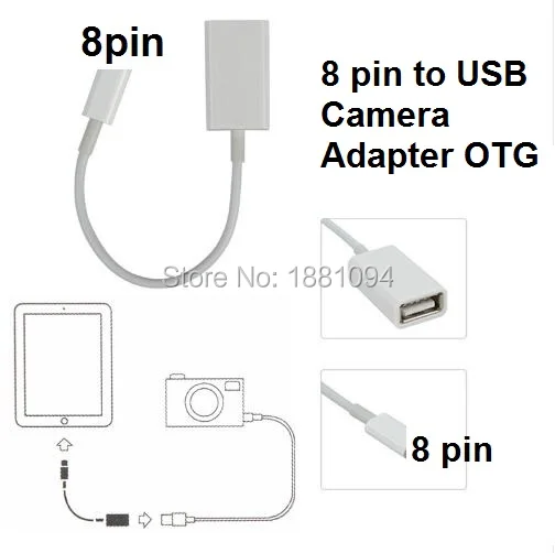 100pcs wholesale 8 pin Male to USB Female OTG Adapter 8pin Cable For iPhone 6 5 5C 5S for iPad 4 Mini Air White Color