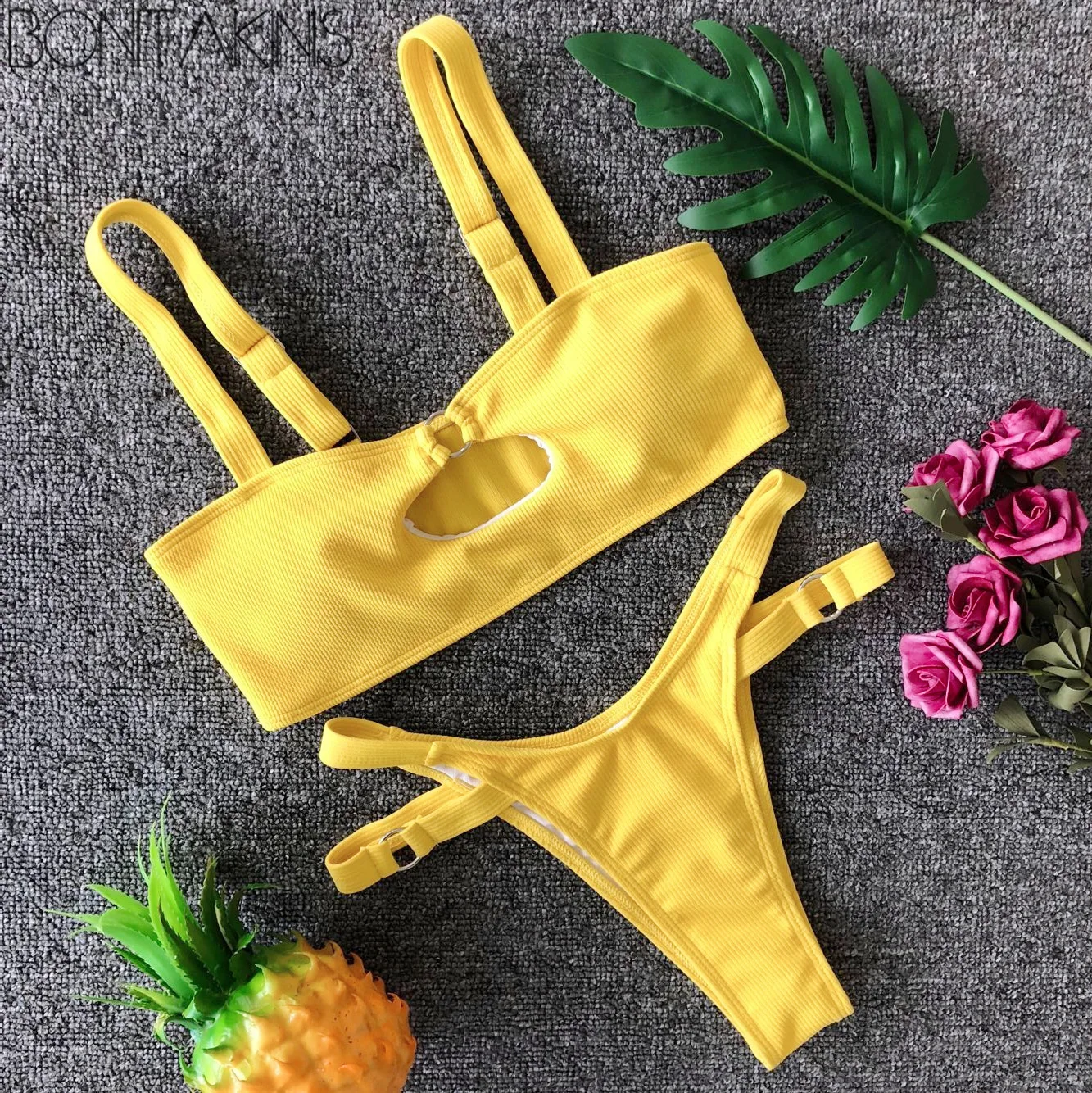 

Bonitakinis Solid Yellow Blue Bikini Set Hollow Out Cut Swimsuit Female Swimwear Summer Holiday Wears