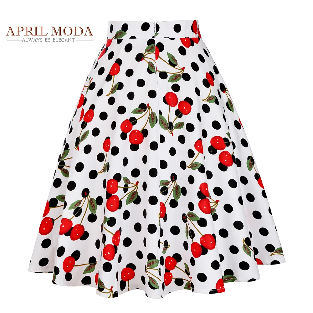 Polka Dots Women Cherry Skirts 2018 High Waist Midi Cotton Big Swing Women's Summer Pleated 50s 60s Audrey Hepburn Vintage Skirt Skirts