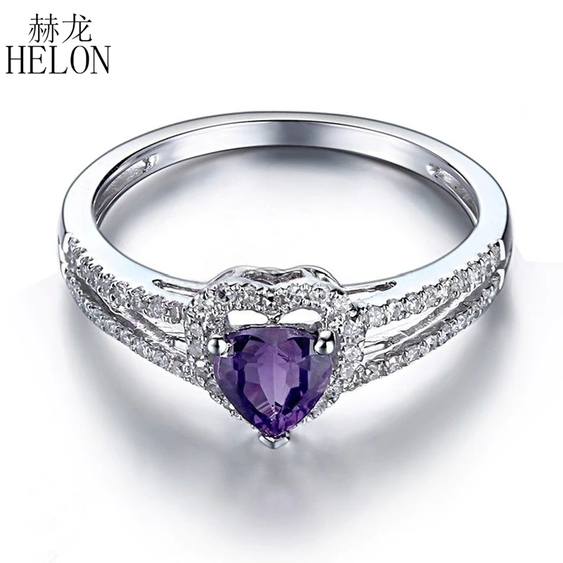 

HELON Sterling Silver 925 0.5CT Certified Heart Shape Natural Amethyst 0.22ct Diamonds Engagement Wedding Romantic Jewelry Ring