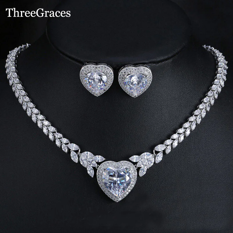 

ThreeGraces Romantic Big Heart Shape Cubic Zircon Wedding Jewelry Set Luxury Bridal Earrings And Necklace For Women Party JS183