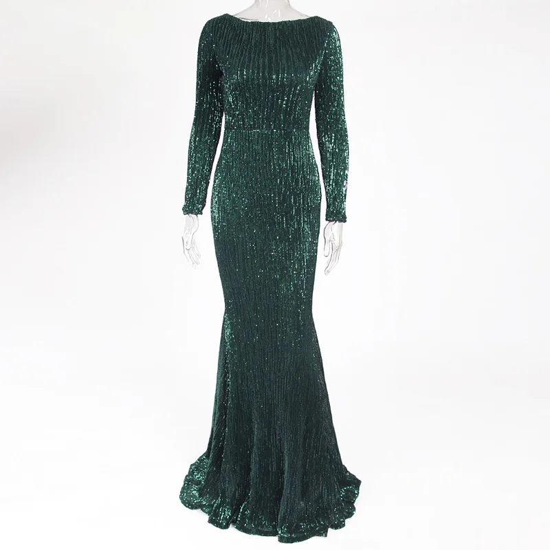 Блестящее вечернее платье с круглым вырезом и длинными рукавами длиной до пола; вечерние платья - Цвет: Зеленый