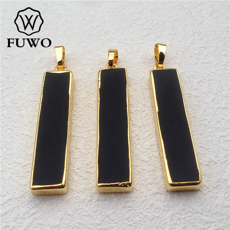 

FUWO Wholesale Rectangle Natural Black Agates Bar Pendants 24K Gold Electroplate Smooth Quartz Stone Fashion Jewelry PD015
