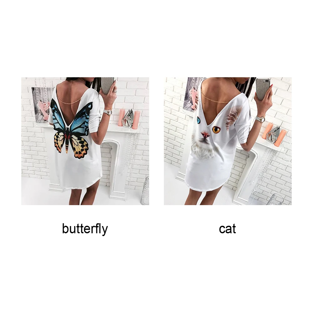 New Fashion Women T-shirt Sexy Deep V Backless Loose T-shirts Ladies Short Sleeve Cartoon Cat Butterfly Print Casual T-Shirt