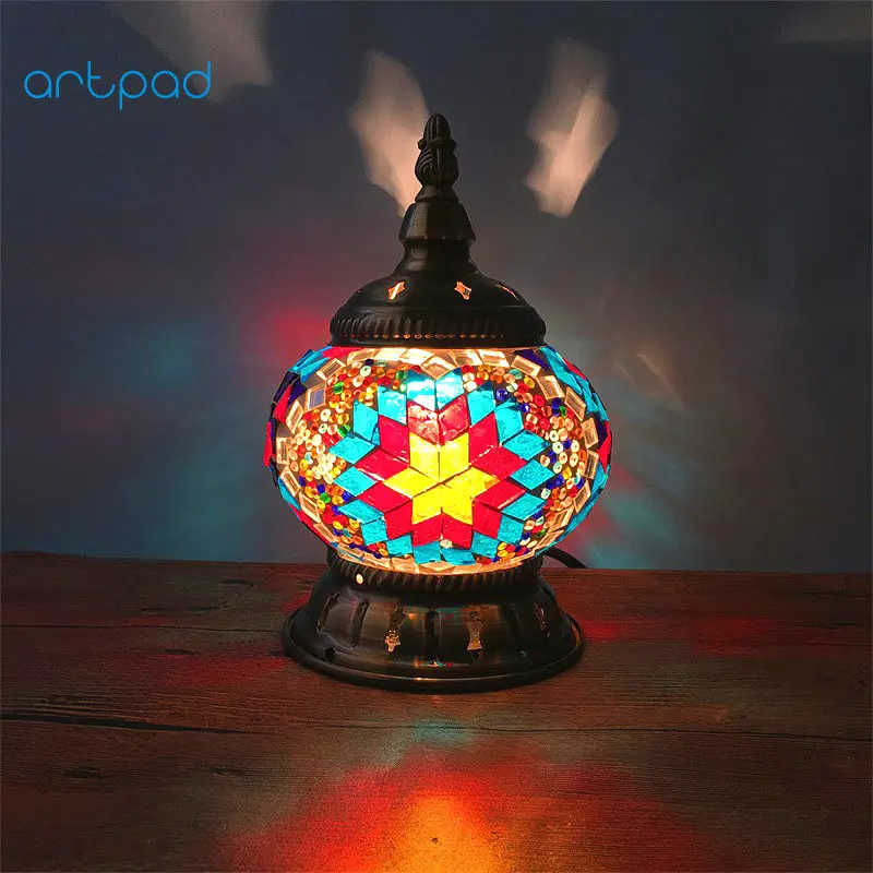 Artpad Mediterranean Retro Style Glass Turkish Mosaic Table Lamps Handworked Study Bedroom Home Art Decor Turkish Lamp