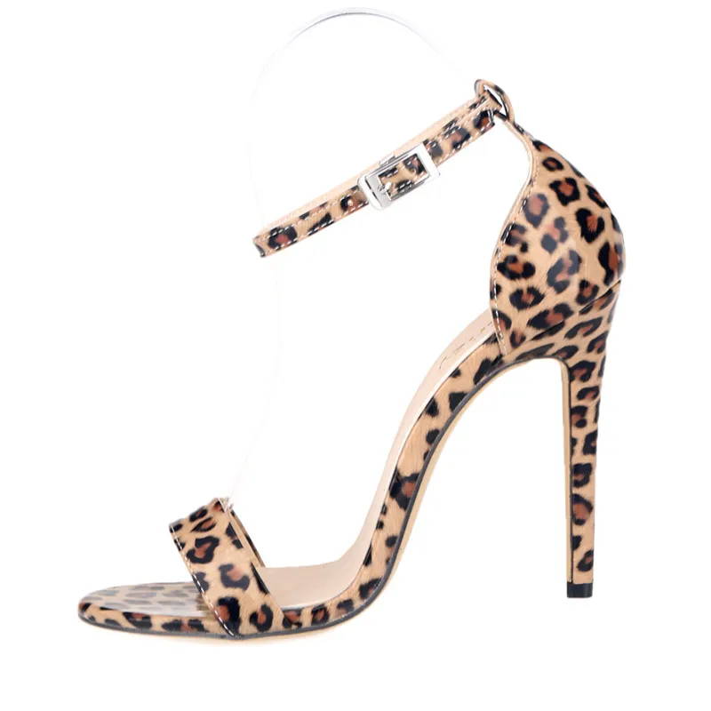 

LOSLANDIFEN Women Patent Leather Leopard Sandals Ankle Strap Shoes 11CM High Heels 2019 Simple Summer Sandals Plus Size 35-42