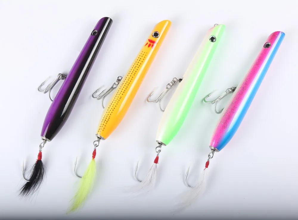 

4PC Mizugiwa Big Game GT Wood Pencil Popper Fishing Lure Topwater Trolling Bait 203mm 103g Handcraf Wood Bait Mustad Hook Peach