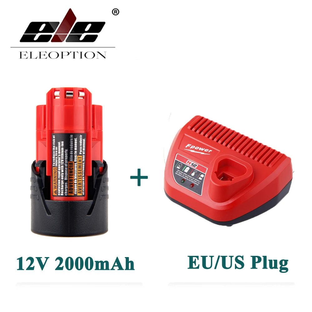 

ELEOPTION 12V 2000mAh Li-ion Rechargeable Power Tool Battery For Milwaukee M12 48-11-2401 2510-20 48-59-1812+ Charger