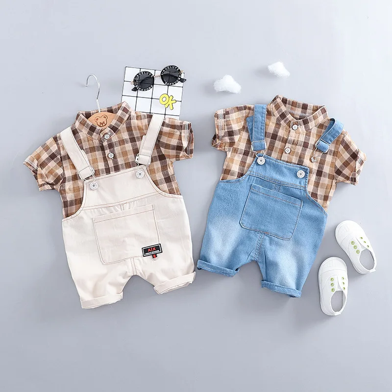 

2019 Newborn Baby Girl Clothes Roupa Infantil for Bebek Children Summer Two-piece Plaid Shirt Straps Jeans Boy Suits Bib pants