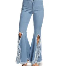 Женские сексуальные длинные разрезные кисточкой разорван нерегулярный расклешенные джинсы расклешенные брюки с высокой талией джинсовые брюки расклешенные брюки