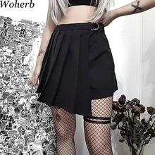 Woherb летние юбки в готическом стиле женские панк черные юбки с высокой талией женские Асимметричные плиссированные юбки уличная одежда 20792