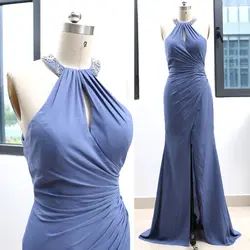 Темно-синий Оболочка Холтер длиной до пола Длина Кристалл шифоновое Вечерние Формальное вечернее платье M 263729