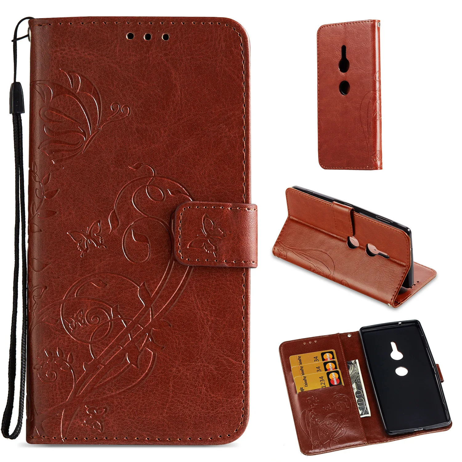 Custodia In Pelle PU Con Flip Cover Per Sony Xperia XZ2 Compact, Marrone, Con Porte Per Carte, Protezione Totale