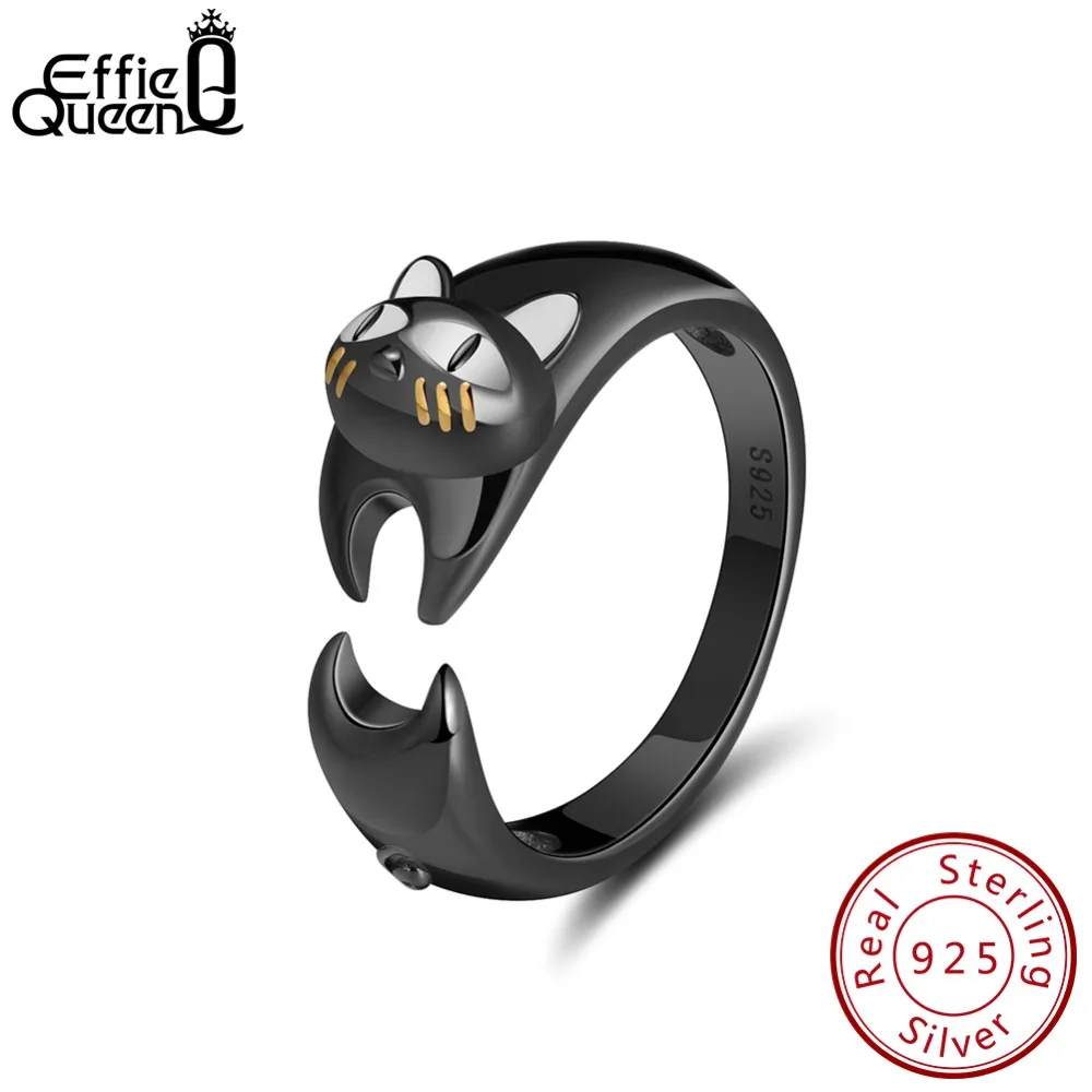 

Effie Queen 925 Sterling Silver Rings For Women Adjustable White Enamel Black Cat Ring Party Jewelry Anillos Mujer Gift DSR93