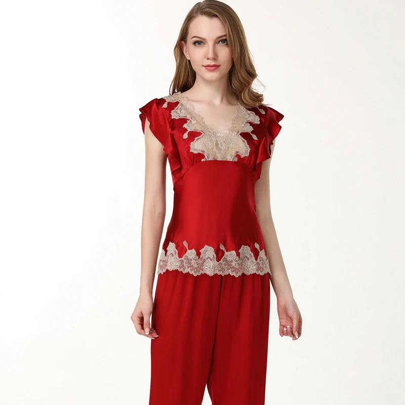 Женские атласные шелковые пижамы наборы 2019 женские шелковые кружевные принты красные высокое качество с коротким рукавом брюки два