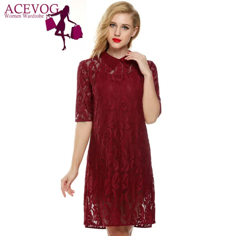 

ACEVOG Brand Women Dress Elegant Half Sleeve Double Layered Fall Embroidery Floral Lace Dresses Vestidos De Festa Robe Plus Size