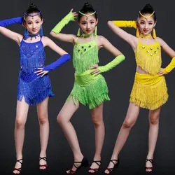 Блестки этап кисточкой конкурс латиноамериканских танцев платье для девочек платье гимнастика Практика Танцы платье Девушки