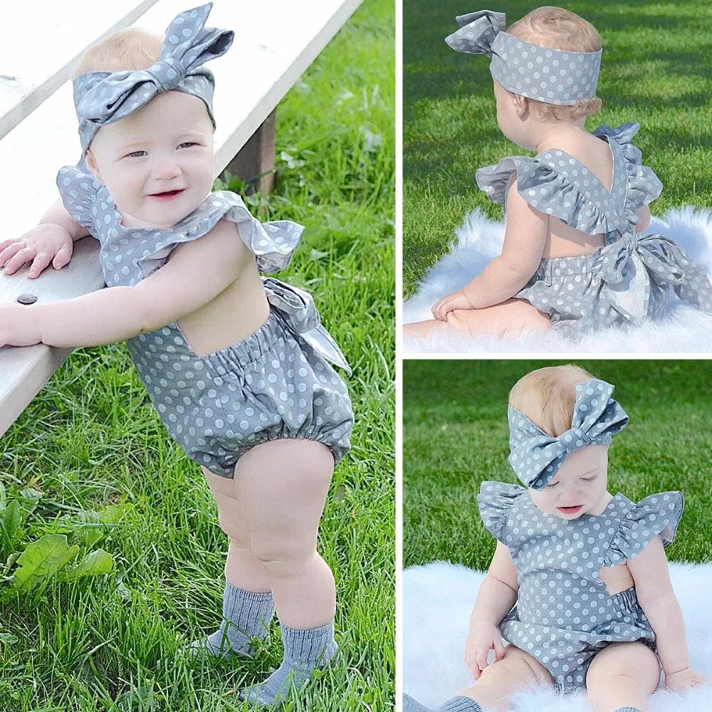 

NEW Toddler Baby Girls Dot Bodysuits Clothes Tops Ruffles Sunsuit Jumpsuit Head bands Outfits Summer Set 0-18M