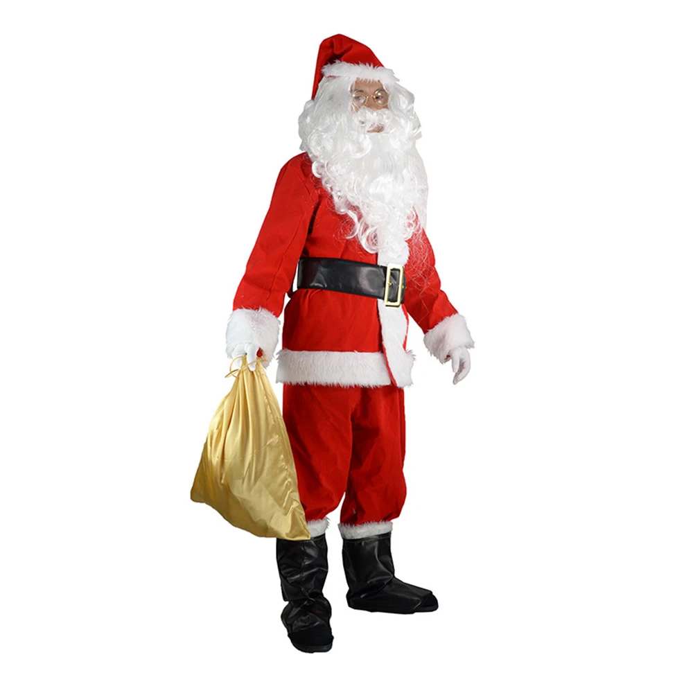 Новое поступление 10 шт. Рождественский костюм для взрослых Санта Клаус косплейная Толстовка Штаны борода ремень в шляпе и очках комплект вечерние реквизит