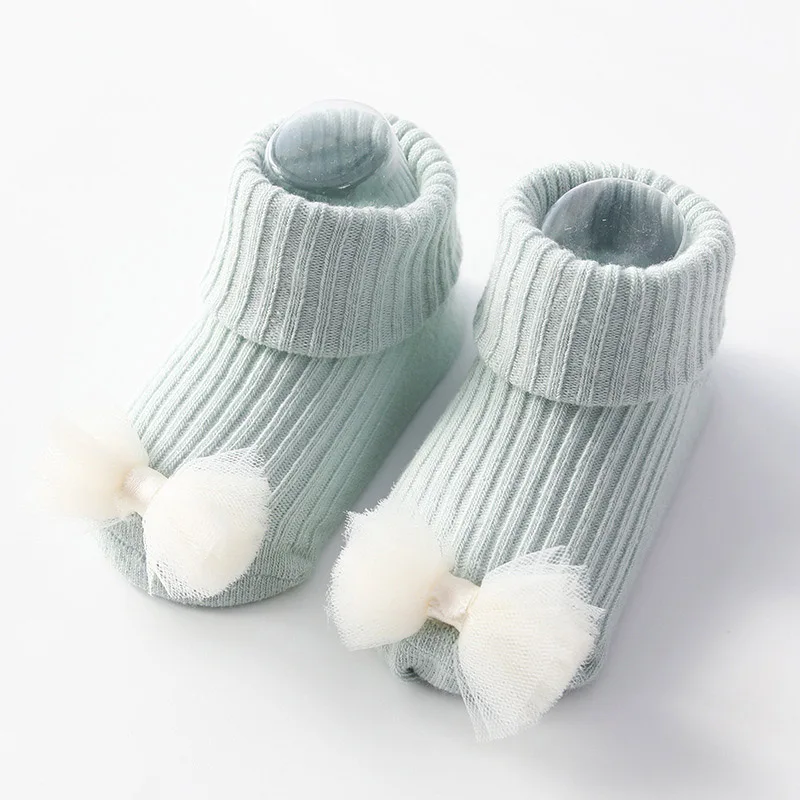 Милые кружевные носки с цветочным принтом и бантом для маленьких девочек мягкие хлопковые нескользящие носки-тапочки для младенцев chaussette baby Sokken - Цвет: green