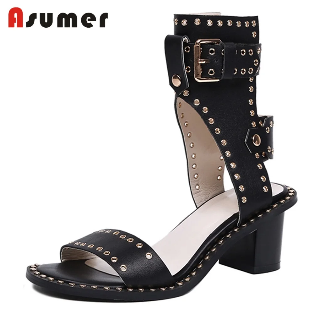 

ASUMER 2018 HOT fashion gladiator sandals women genuine leather square high heels buckle rivet summer shoes casual shoes