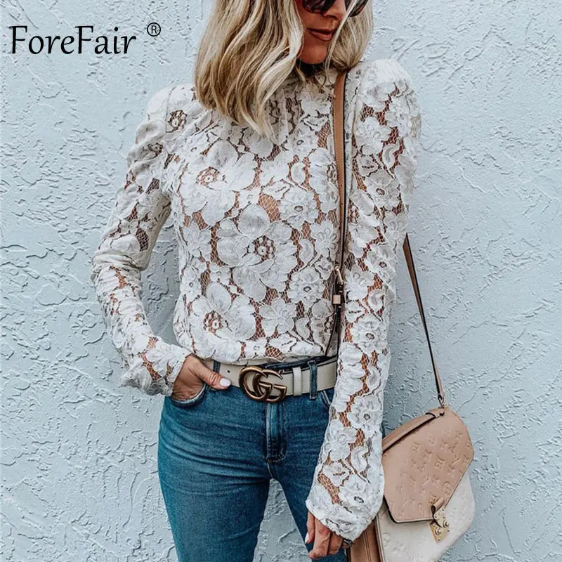 Forefair сексуальная белая кружевная блузка женская элегантная прозрачная