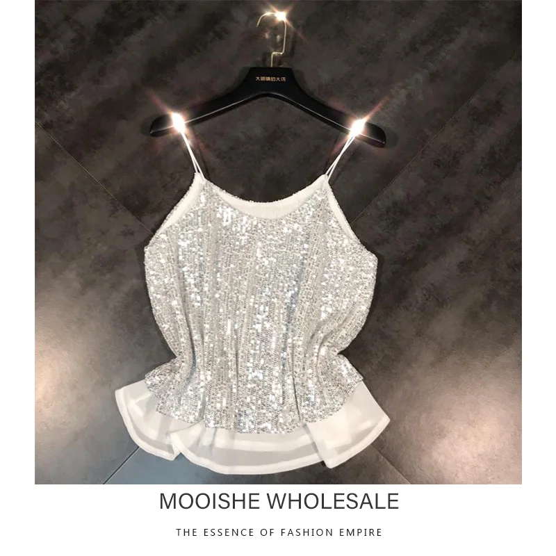 

2019 Summer New Sequins camis Shiny Mesh Lining Stitching Camisole Inside Take The Female Tide
