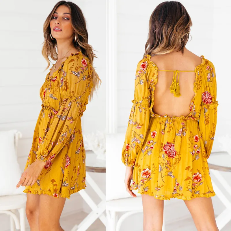 yinlinhe Yellow Floral Summer Dress Long Sleeve Off Shoulder Women Beach Dress Cotton Backless Lace Up Boho Sexy Vestido 9
