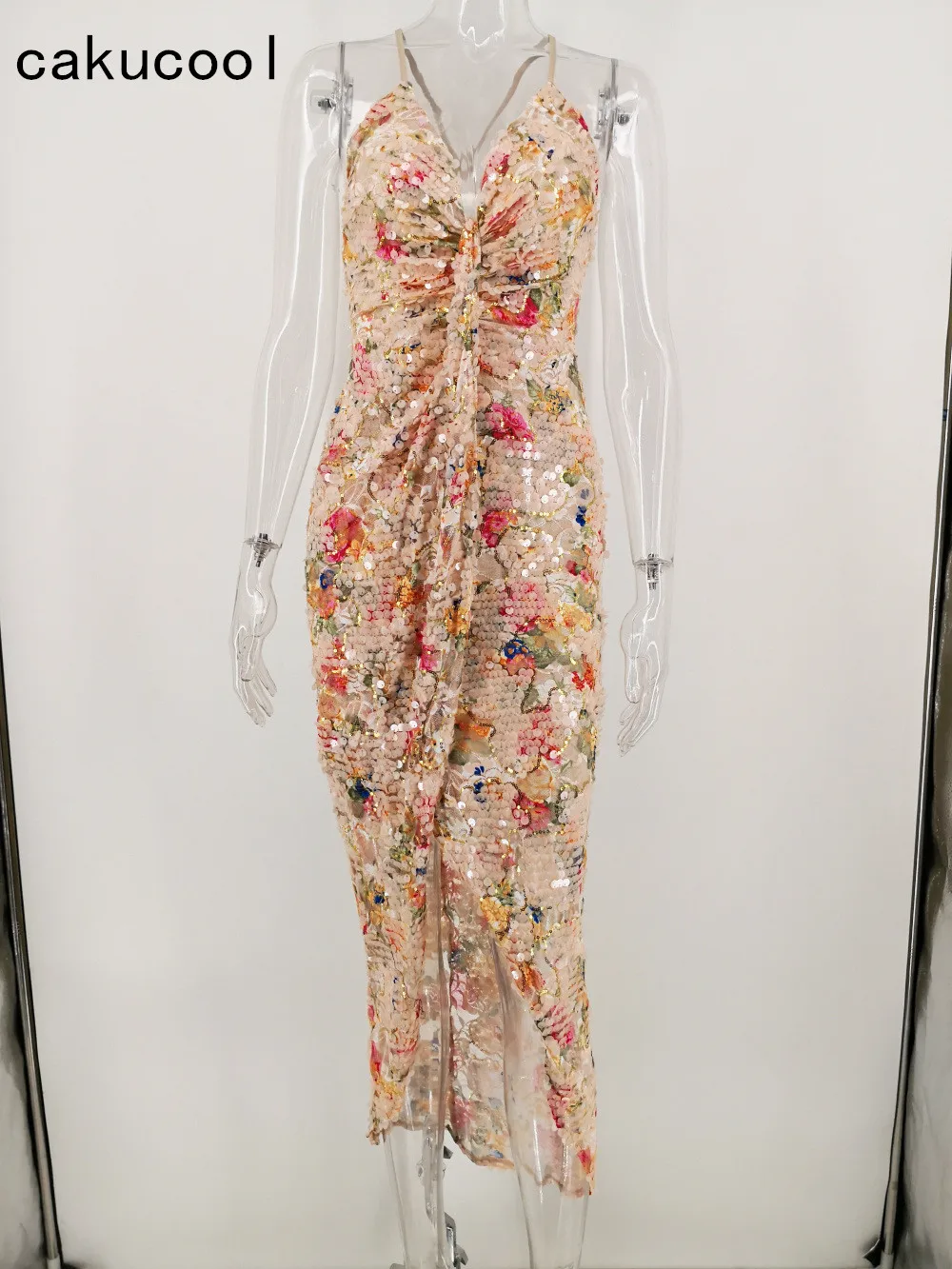 

Cakucool Retro Floral Sequins women dress summer Print Backless Slip dress Elegant sexy Slim tube Club beach Long dress vestidos