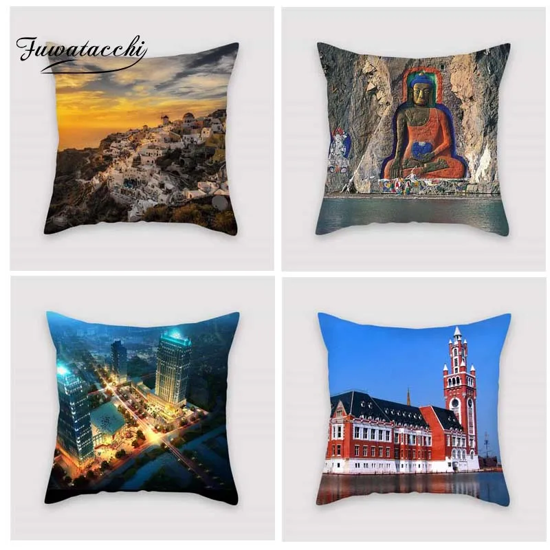 

Fuwatacchi Cultural Attractions Style Cushion Cover Skyscraper Printed Pillow Cover Mural Floral Decorative Pillows For Sofa Car