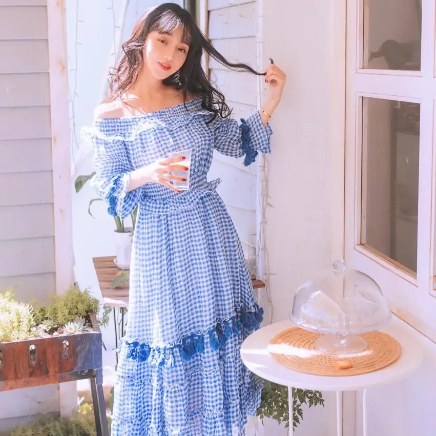 

Cotton Ruffles Middle Sleeve Sexy Bohemian Beach Dresses Loose Empire Maxi Runway Dress Patchwork Plaid Elegant Spring Vestido