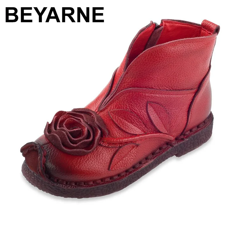

BEYARNE Women Ankle Boots Hand-made Genuine Leather Woman Boots Ethnic style Big Flower Comfort Soft Bottom Flat Shoes & Boots