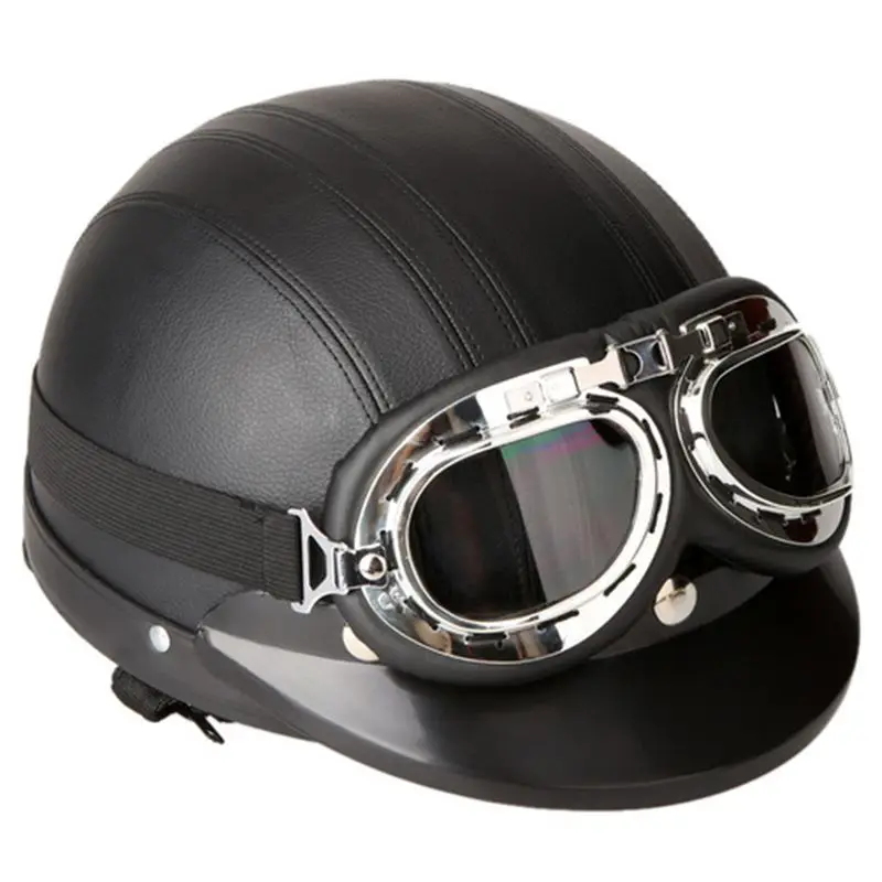 

Motorcycle Helmet Synthetic ABS+ leather half Casque Moto Unisex Motocross Helmets With Visor Goggles Adjustable