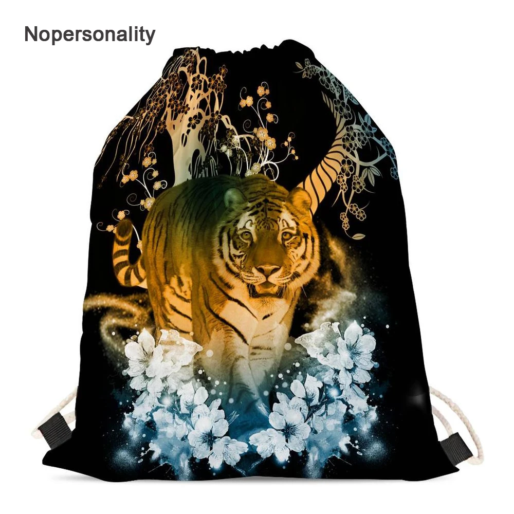 Nopersonality Black Women s Drawstring Bag Cool 3d Jungle Tiger Print School Bagpack for Kids Portable